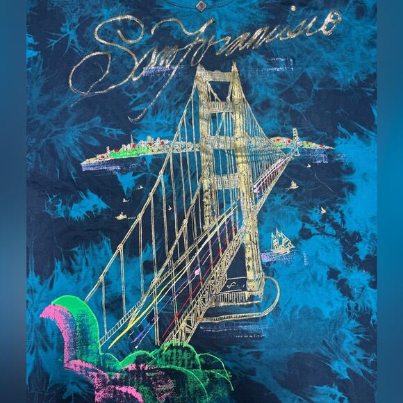 Vtg 80s San Francisco Tie Dye Metallic Painted Maximalist T Shirt XL Golden Gate - Picture 4 of 5